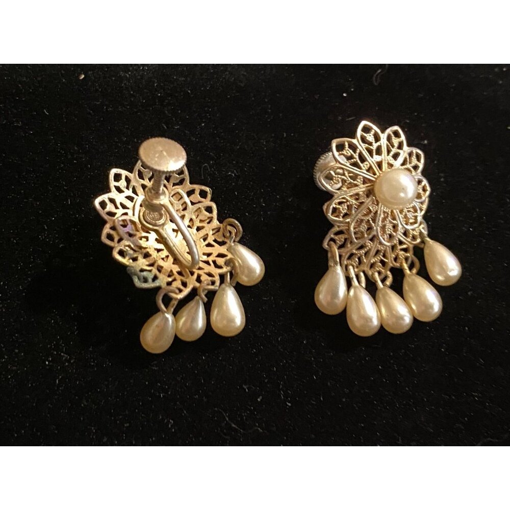Vintage Gold-Tone Filigree Clip-On Earrings With Faux Pearl Drops - Picture 2 of 2